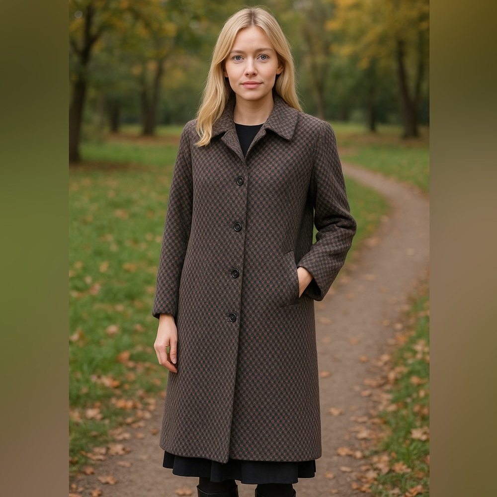 VINTAGE Arlette Wool Blend Harringbone Black Blue Brown Midi Coat USA Size M